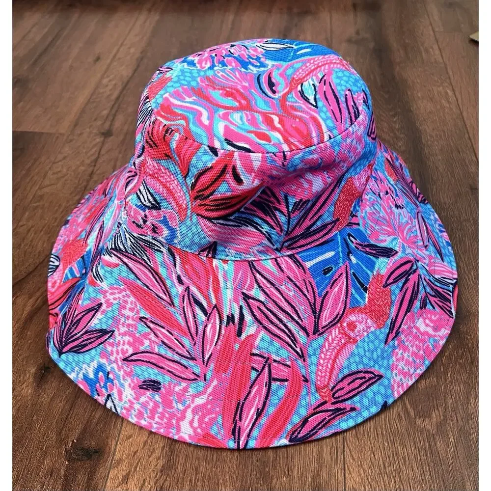 LILY PULITZER Ruby Red Wild Times Tropical Wide Brim Beach Vacation Sun Hat OS